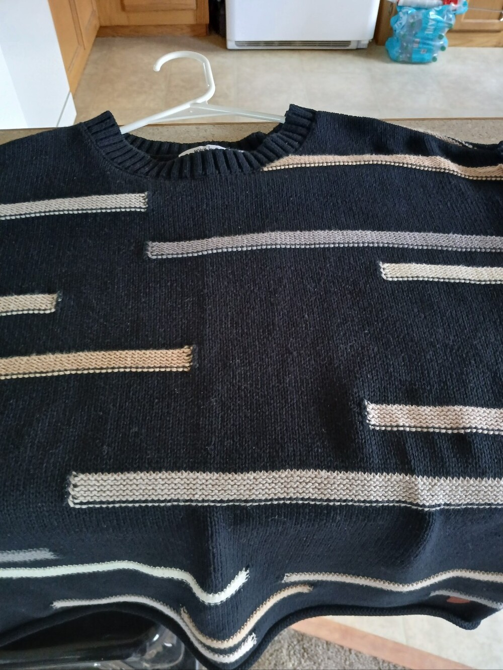 Peace,love,world Black Crewneck Sweater with Beige Accent Stripes